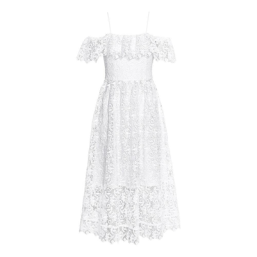 H&M White Lace Off The Shoulder Frill Sleeves A-Line Lined Midi Dress Size 4 - Picture 2 of 7